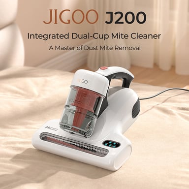 Aspiradora Antiácaros JIGOO J200, Aspiradora de Colchones, con Doble Taza Integrada, Succión 13KPa, Lámpara UV, Aire Caliente 60?, Pantalla LED
