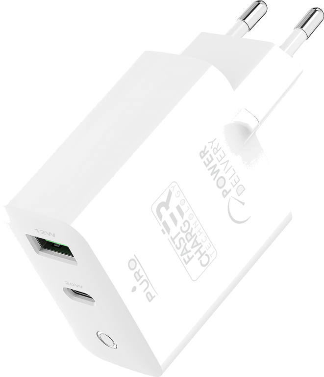 Chargeur maison double USB A+C PD 32W (12+20W) Blanc Puro