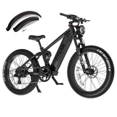 VITILAN T7 Pro Mountain Bike elettrica a Sospensione Completa 26 Pollici Fat Tire Ebike, Batteria Rimovibile 52V 20AH Sospensione Completa-Nero