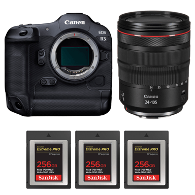 Appareil photo hybride Canon EOS R3 + RF 24-105mm f/4 L IS USM + 3 SanDisk 256GB Extreme PRO CFexpress Type B + Ebook ''20 astuces pour des images qui claquent''