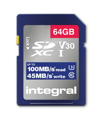 Integral INSDX64G-100V30 64 GB SD CARD SDXC UHS-1 U3 CL10 V30 FINO A 100MBS LETTURA 45MBS SCRITTURA 64 GB UHS-I
