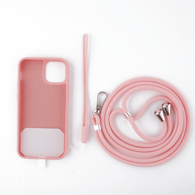Custodia in silicone rosa pop per Apple iPhone 14 Plus - Fascia da collo e braccialetto inclusi