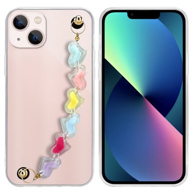 Coque pour Apple iPhone 13 MINI en Transparent avec des cœurs colorés Housse de protection Étui en silicone TPU flexible et avec tour de cou chaîne de poignet