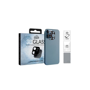 Protector de fibra de vidrio para el objetivo de la cámara del iPhone 12 Pro - Transparente/negro - Con kit de limpieza