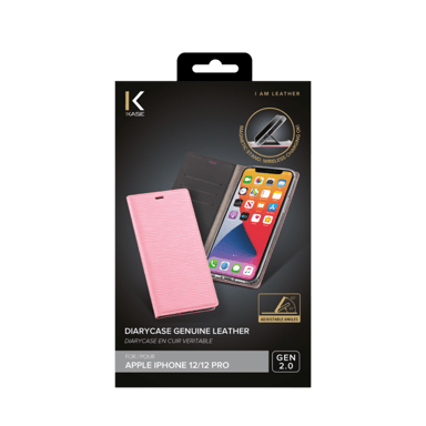 Diarycase 2.0 Funda de piel auténtica con soporte magnético para Apple iPhone 12/12 Pro, rosa pastel