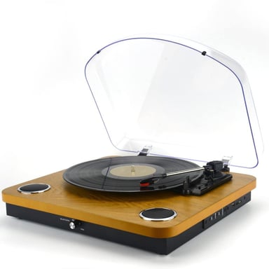 Platine vinyle Halterrego avec HP intégrés/Couvercle, RMS 2*2W,RCA OUT, Lec et Eng USB, BT IN/OUT, adaptateur inclus , finition laquée noire/asp bois