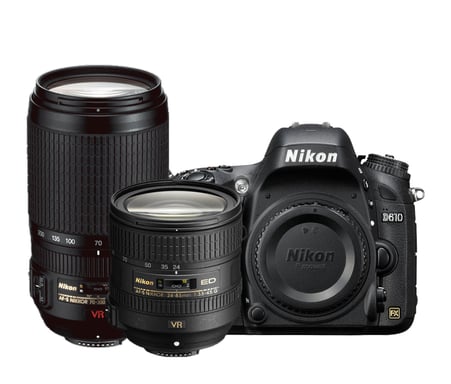 Nikon D610 + AF-S NIKKOR 24–85mm f/3.5-4.5G ED VR + AF-S VR Zoom-NIKKOR 70-300mm f/4.5-5.6G IF-ED + 32GB Kit d'appareil-photo SLR 24,3 MP CMOS 6016 x 4016 pixels Noir