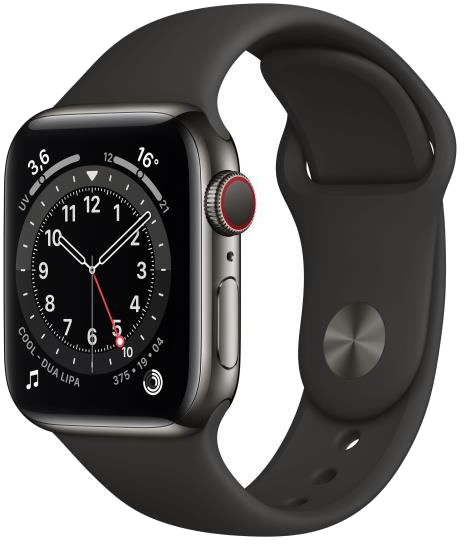 Watch Series 6 GPS + Cellular, 40mm Boîtier en Acier Inoxidable Graphite avec Bracelet Sport Noir