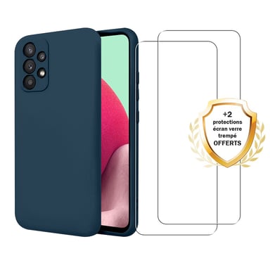 EVETANE Samsung Galaxy A32 5G Funda de silicona líquida Azul Marino + 2 cristales templados Protector de pantalla antichoque