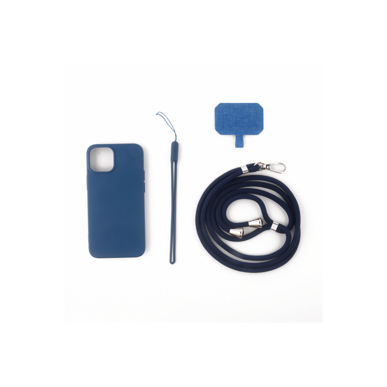 JAYM - Funda de silicona azul para Apple iPhone 14 Pro - Incluye correa para el cuello y muñequera - Forro 100% microfibra