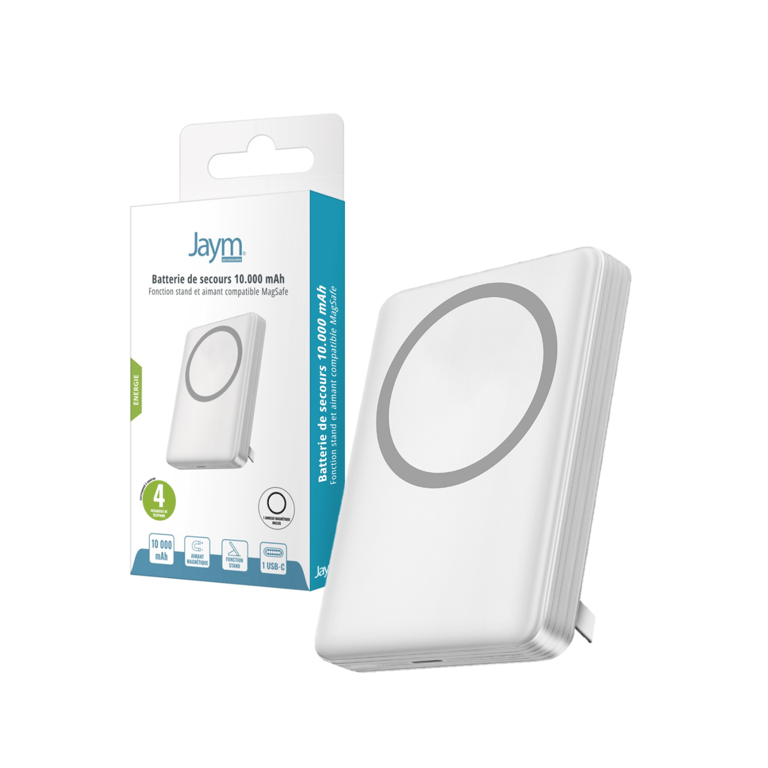 Batterie de Secours 10 000 Mah avec Fonction Stand Magsafe Induction Out + Usb c in / Out + Anneau Magsafe Jaym Neuf