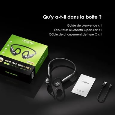 oraimo OpenCirclet 2 – Casque Bluetooth open-ear IPX5, autonomie 16h, pédomètre intégré, son Bass-Boost stéréo