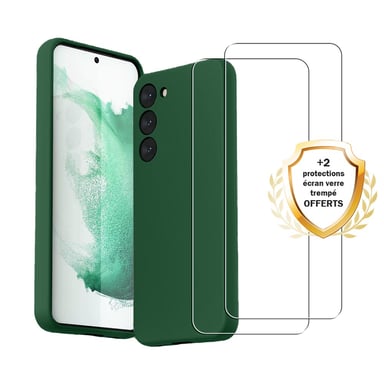 EVETANE Coque Samsung Galaxy S23 Silicone liquide Vert Foret + 2 Vitres en Verre trempé Protection écran Antichocs