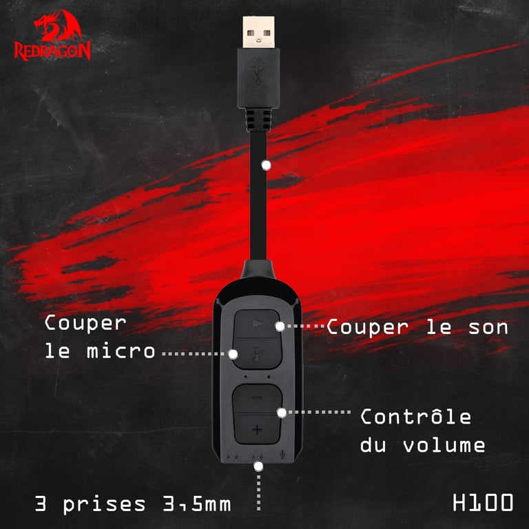 Carte son Redragon CIRCE (HA100) USB, entrée micro, sortie casque, sortie casque avec micro intégrée, boutons de contrôle