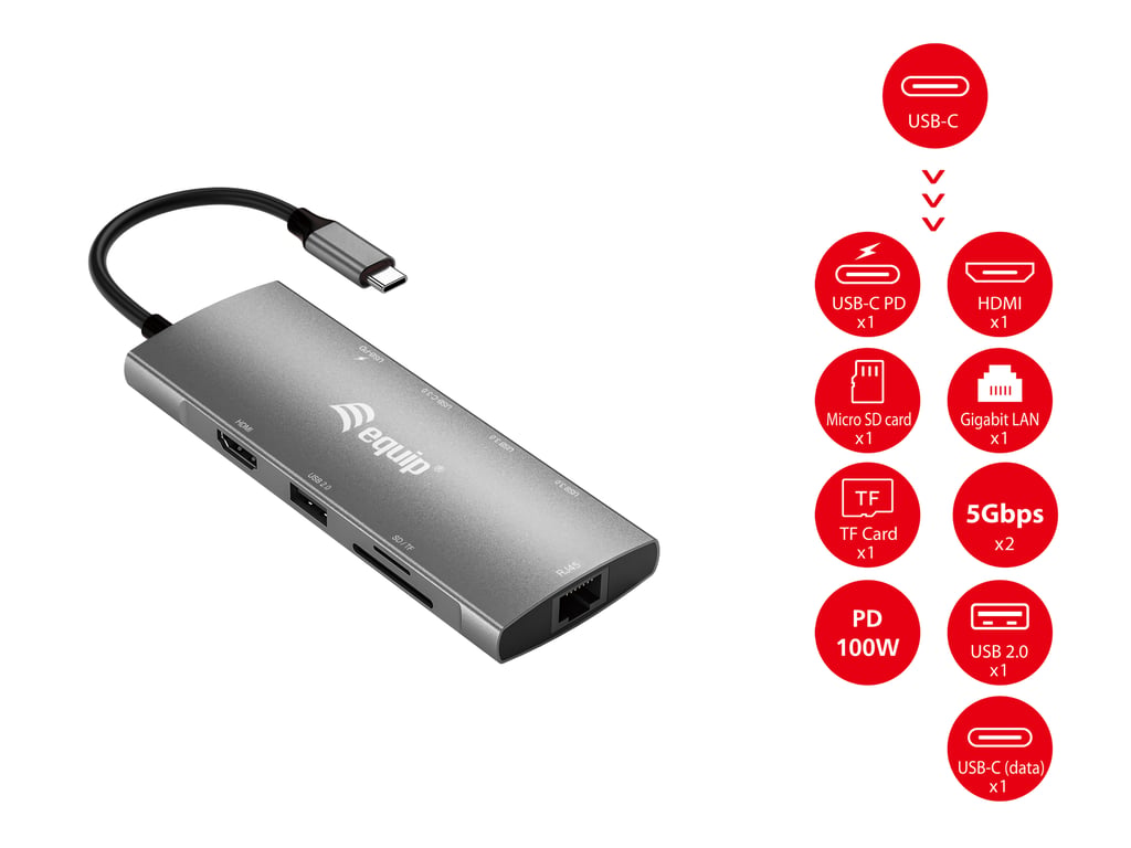 Equip Adaptateur multifonctionnel USB C 9 en 1 HDMI 4K60Hz Gigabit LAN USB 3.2 GEN1 SDTF USB PD Neuf - vue 2