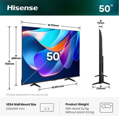 Téléviseur LED Smart Hisense 50A6S 50'' 4K UHD VIDAA Noir, Dolby Vision, WiFi, AI Upscaling, MEMC, HDMI 2.1 et jeu faible latence