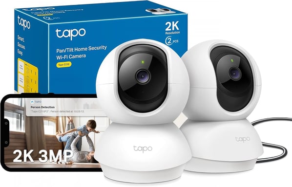 C210 2 Pack Telecamera WiFi Interna 2K QHD 3MP, Rotazione 360, Rilevamento Persone&Pianti di Bambini, Visione Notturna, Audio Bidirezionale, Archiviazione Cloud&microSD 512 GB, Alexa e Google Assistant