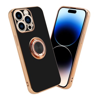 Coque pour Apple iPhone 14 PRO en Glossy Noir - Or avec anneau Housse de protection Étui en silicone TPU flexible, avec protection pour appareil photo et support voiture magnétique