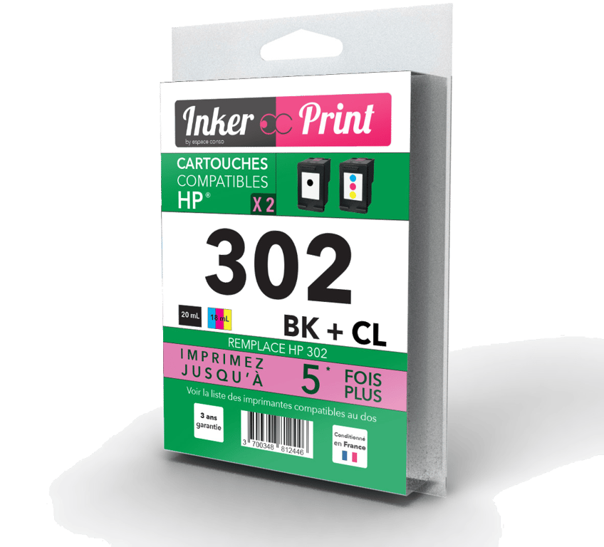 Pack de Cartouches d'encre recyclées compatibles avec HP 302 XL (Noir et Couleurs)