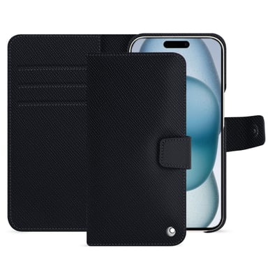 Housse cuir Apple iPhone 15 -  - Noir - Cuir saffiano