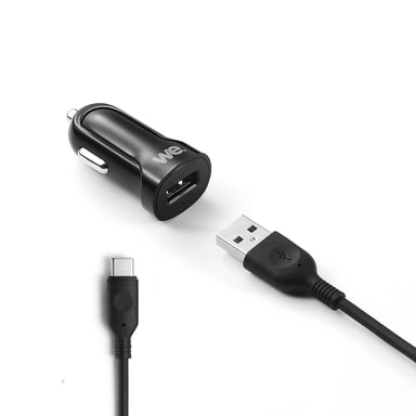 WE Cargador de coche Bundle con cable USB / USBC - cargador de 2,4A y cable de 1,20m Negro - cable desmontable y trenzado para Samsung S10/S9/S8/S7 Huawei, Honor y Más.