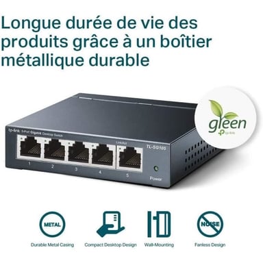 Switch Ethernet Gigabit - TP-LINK - 10/100/1000 Mbps - 5 ports RJ45 métallique - Switch RJ45 - TL-SG105