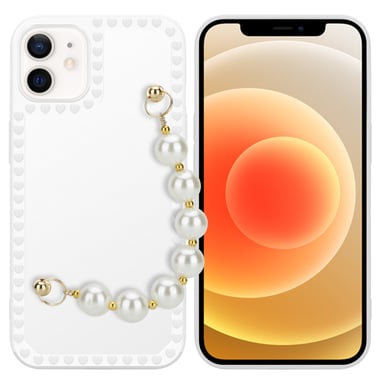 Coque pour Apple iPhone 12 en Blanc avec perles Housse de protection Étui en silicone TPU flexible et avec tour de cou chaîne de poignet