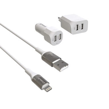 GREEN E - KIT DE CHARGE Ecoconçu pour IPHONE (Cable Lightning vers USB + Adaptateur prise + Adaptateur allume cigare)