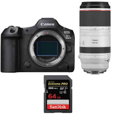 Appareil photo hybride Canon EOS R5 Mark II + RF 100-500mm f/4.5-7.1 L IS USM + 1 SanDisk 64GB Extreme PRO UHS-II + Ebook ''20 astuces pour des images qui claquent''