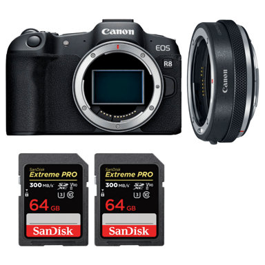 Cámara híbrida Canon EOS R8 + EF-EOS R Premium + 2 SanDisk 64GB Extreme PRO UHS-II + Ebook ''20 consejos para fotos que impactan''