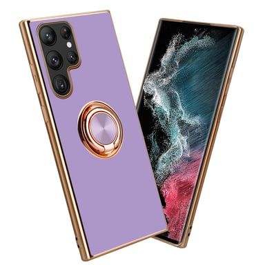 Coque pour Samsung Galaxy S22 ULTRA en Glossy Lilas Clair - Or avec anneau Housse de protection Étui en silicone TPU flexible, avec protection pour appareil photo et support voiture magnétique