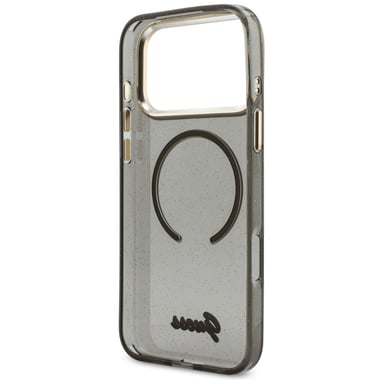 Custodia Guess IML Glitters Script Strap MagSafe per iPhone 17, nera