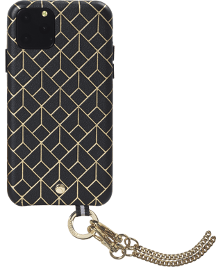 Coffret coque en Cuir embossé St Germain Noire avec bandoulière dorée amovible pour iPhone 11 Pro Artefakt