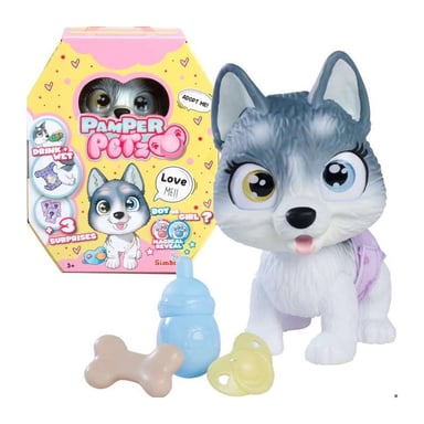 Smoby - Pamper Petz - Husky en adopción - 4 accesorios - Articulado - Bebe y mea - Certificado de adopción - A partir de 3 años