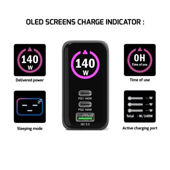 Chargeur mural Port Designs 902140PEU 140W USB-C PD 3.1 GaN² avec câble 2 m Noir