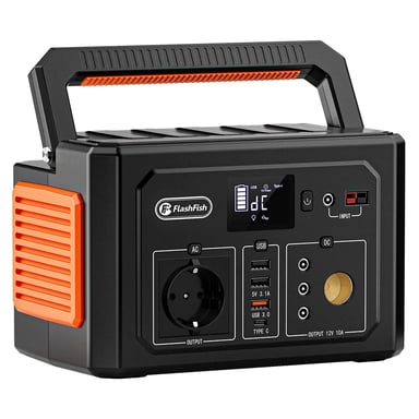 Stazione di alimentazione portatile FlashFish K53, capacità 400?Wh, batteria agli ioni di litio 109200?mAh, uscita CA 400?W, 8 uscite, USB?A/USB?C QC3.0, ingresso CC 15?V/4?A, 3 metodi di ricarica, luce LED integrata