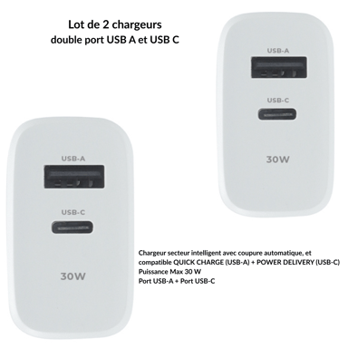 Lot de 2 chargeurs USB C, 30W 2 ports prises USB C chargeur rapide iPhone, 1 prise ASB A PD+QC 2.5 A pour iPhone 17 16 15 14 13 12 11 Plus Pro Max X XS XR, pour iPad,pour Samsung séries GALAXY, XIAOMI, HONOR
