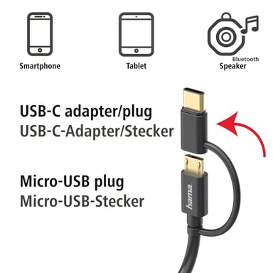 Cable micro USB 2 en 1 con adaptador USB Type-C, 1 m, negro