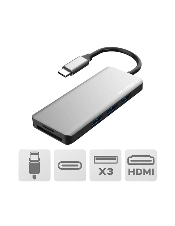 Akashi hub usb-c universal gris con salidas usb-c hdmi usb 3.0 sd y microsd