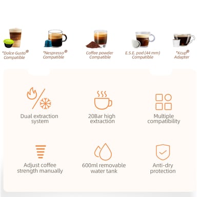 H2B Gris - Cafetera multicápsulas 5 en 1 20 bar
