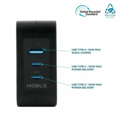 Mobilis Charger 100W 2USB C 1USBA GaN cable 100W Portátil, Smartphone, Tableta Negro Corriente alterna Interior