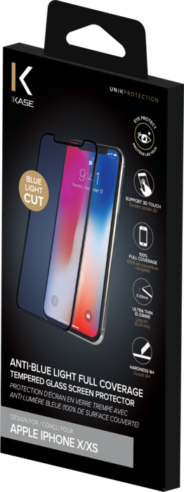 Protection d'écran en verre trempé avec Anti-lumière bleue (100% de surface  couverte) pour iPhone X/XS, Noir - The Kase