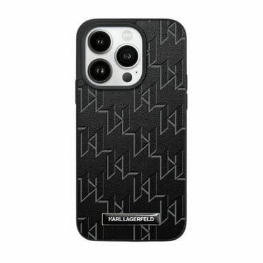Funda Karl Lagerfeld para iPhone 15 6.1'' funda rígida negra Piel Monograma Metal Logotipo