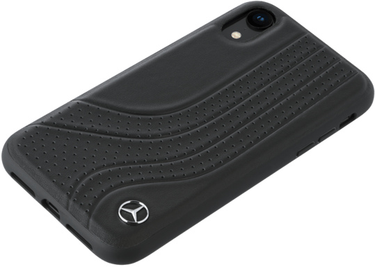 Funda de piel auténtica Mercedes-Benz New Bow II perforada para Apple iPhone XR, Negro