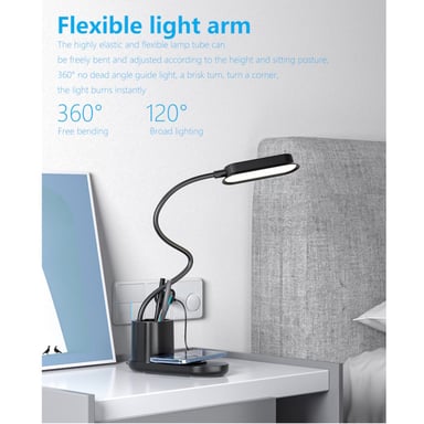 Lampe de bureau flexible Elight T9 5W avec chargeur sans fil 15W + porte-stylo alimenté par câble USB noir