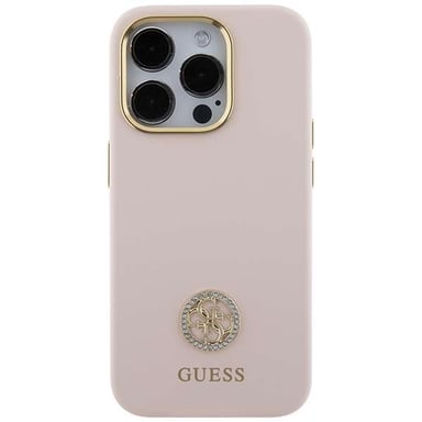 Custodia Guess per iPhone 15 Pro 6.1'' rosa Custodia rigida in silicone Logo Strass 4G