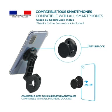 Porta smartphone per moto, porta telefono universale per scooter Made in France, rotazione a 360°, regolabile su tutti i manubri, nero
