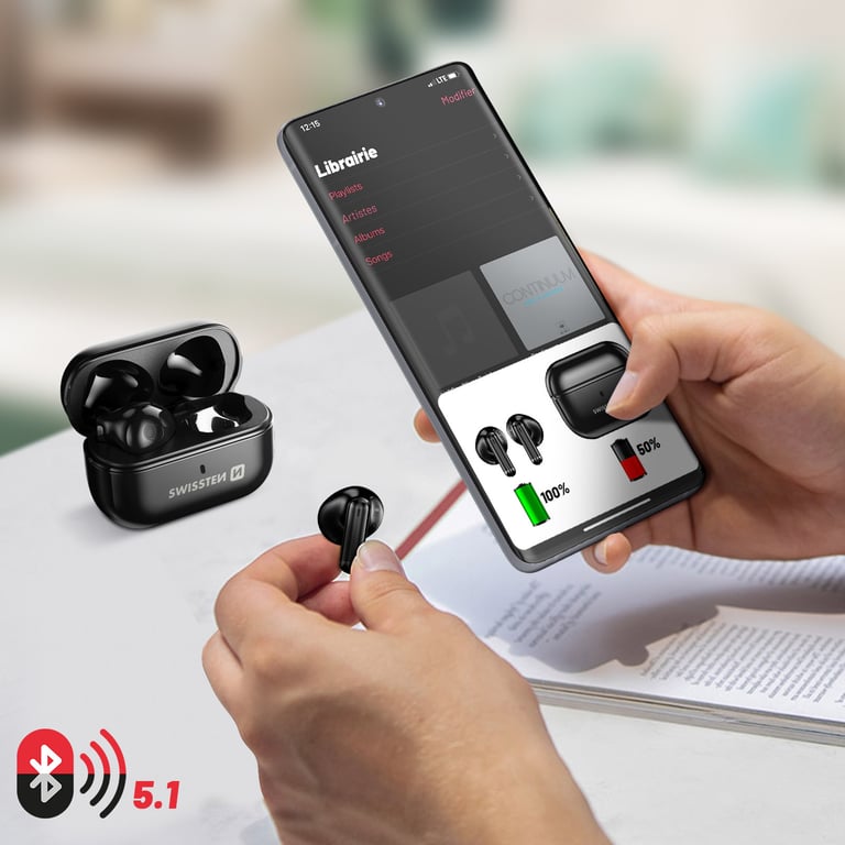 Écouteurs Sans Fil Swissten Minipods – Bluetooth 5.1, Autonomie 4h, Commande Tactile - vue 5