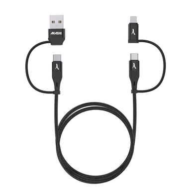 Akashi Cable 4 en 1 USB-C y USB a USB-C y Lightning Carga 20W 1m Negro
