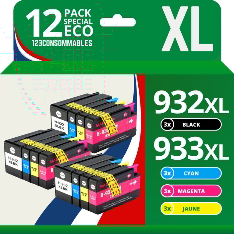 123CONSOMMABLES 932XL 933XL Cartouche compatible avec HP 932 933 932XL 933XL pour Officejet 6600 6100 6700 7510 7110 7610 7612 pack de 4 Neuf